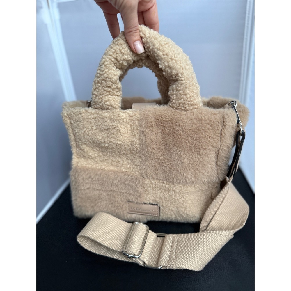BCBGeneration Faux Shearling Colorblock small Tote Bag Tan Beige Crossbody